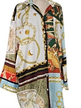 Zara Oversized Multicolor Chain & Nautical Print Button-Down Shirt